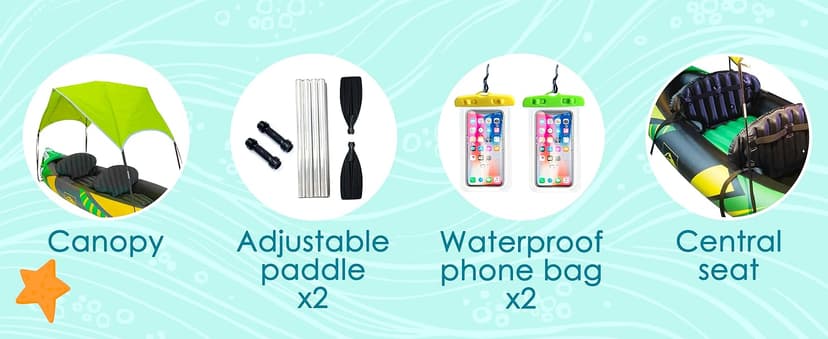 Inflatable Kayak 2 Person with Detachable Sun Canopy – Heavy-Duty Tandem Kayak for Adults – Reinforced Paddles, Waterproof Phone Bags, Adjustable Seats, Extra Seat for Dog or Child