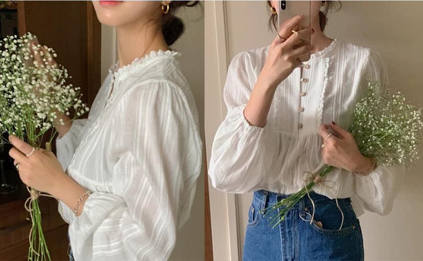 UICIOP Korean Version of Women's Shirt, Women's Sweet Round Neck Pleated Small lace top, Women's Long Sleeved Shirt top