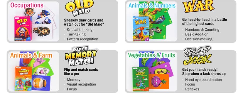 Upgraded Kids Card Games Pack, 6 Decks, Go Fish, Old Maid, Crazy Eights, Memory Match, Slap Jack, War, Playing Cards, Easter Basket Stuffers, Stocking Stuffers