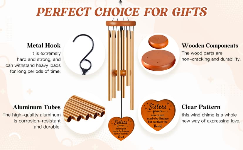 Sisters Gifts from Sister, Sister Birthday Gifts Wind Chime, Bestie Gift for Women, Unique Sisters Gift for Birthday, Christmas, Mothers Day, Wedding, Graduation, Garden Decoration