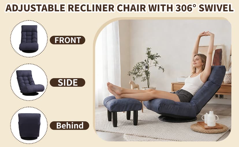 Swivel Lazy Floor Chair with Ottoman, Adjustable Reclining Floor Lounger with Back Support, Comfy Tatami Sofa Seat for Adults Bedroom & Gaming