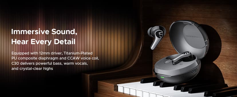 SOUNDPEATS C30 Hybrid ANC Earbuds with LDAC Hi-Res Audio, 52H Playtime -52dB Adaptive Noise Cancelling Wireless Earbuds, 6-Mic Clear Call, 12mm Driver, Bluetooth 6.0, Multi-Point, IP54 for Work/Travel