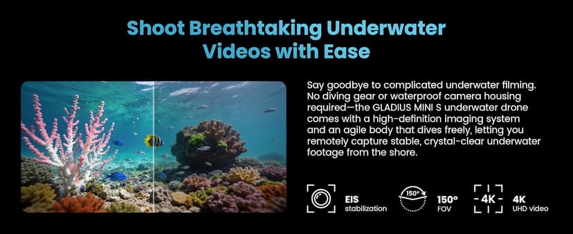 Underwater Drone, Mini S submarine drone with 4K+EIS Image Stabilization Camera for Real-Time Viewing Depth & Temperature Data, Direct-Connect Remote Controller, Dive to 330ft Underwater, Portable ROV