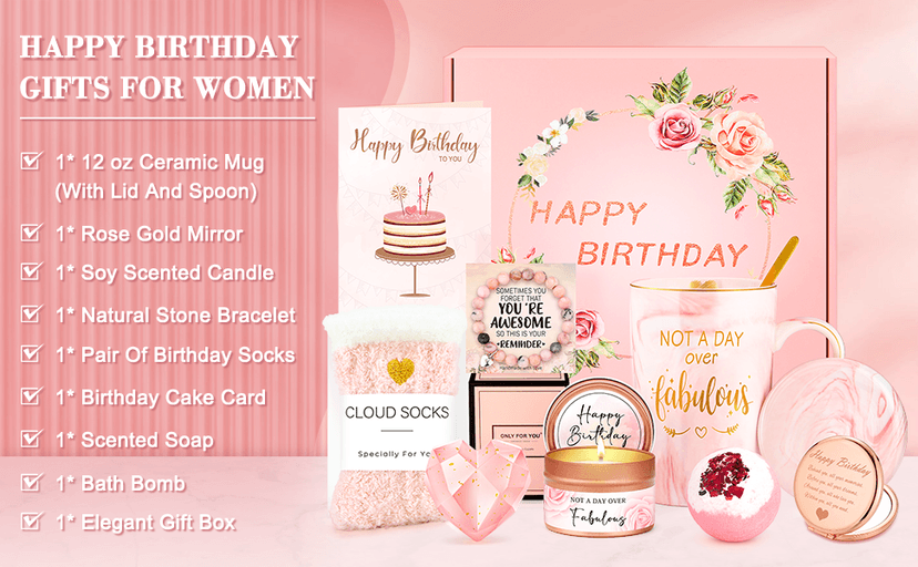 Birthday Gifts for Women Happy Birthday Gift Baskets for Women Unique Not A Day Over Fabulous Mug Gift ideas Pink Gifts Box Set Presents for Her Friends Mom Sister Wife Coworkers Daughter Aunt Mom