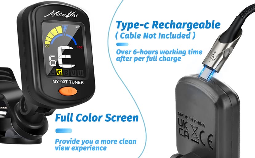 MOREYES Rechargeable Guitar Tuner Clip On with 28Pcs Guitar Picks, Guitar Tuner for Acoustic Guitar, Electric Guitar, Bass, Ukulele & Chromatic Tuning Modes, Full Color Display