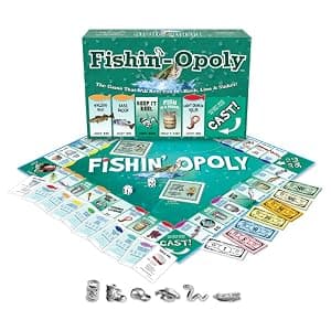 Funny property trading game for families and anglers Features quick or classic play modes and durable metal-style tokens Late for the Sky Fishin'-Opoly Board Game, 2-6 Players Strategy Fishing B000HI1QPI