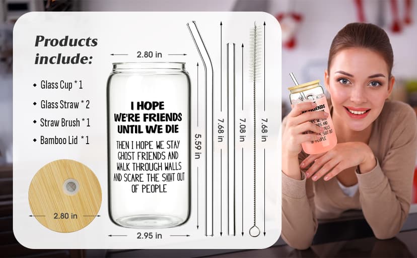 Gifts for Women Men, 16oz Drinking Glass Cup, Unique Friendship Gift for Best Friend BFF Bestie, Funny Personalized Birthday Christmas Valentines Mothers Day Present for Her Him Coworker Sister Female