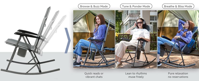 Timber Ridge 3-Level Adjustable Rocking Camping Chair, Padded High Back Outdoor Rocking Chair with Side Pocket, Portable Folding Rocker for Adults, Supports 300 LBS for Lawn, Patio, Porch