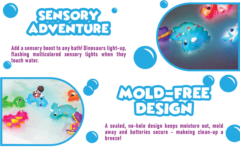 Tub Works® Dinos™ Dinosaur Light Up Bath Toys, 6 Pack | Water-Activated Light Up Toys Flash & Change Color | Easy-Grip Baby & Toddler Bath Toys | Sensory Bath Lights Watertight Bathtub Toys