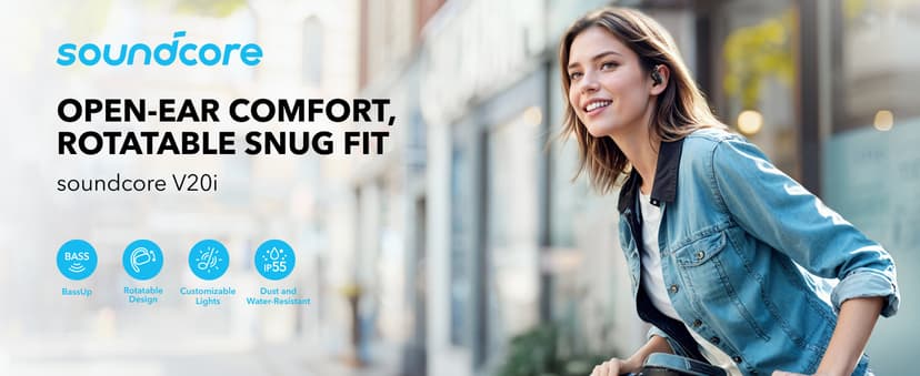 Soundcore V20i by Anker Open-Ear Headphones, Adjustable Ear Hooks, Ultra-Comfort, Snug Fit, Powerful Sound, Clear Calls, IP55, 36H Playtime, Bluetooth 5.4 Wireless Earbuds, Multipoint Connection