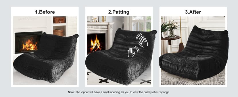 Bean Bag Chairs for Adults Giant Bean Bag Chair Memory Foam BeanBag Chair Bean Bag Sofa with Filler Faux Fur Fireside Beanbags Lazy Sofa for Living Room Bedroom Office (Black Plush, Single)