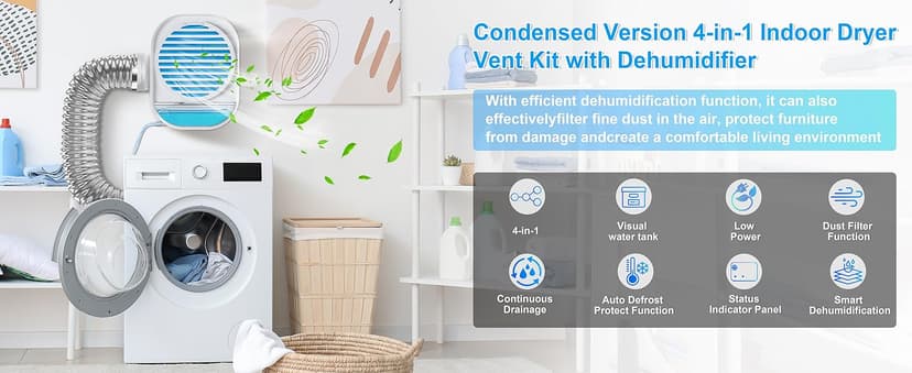4-in-1 Indoor Dryer Vent with Dehumidifier for Protect Furniture, Dryer Vent Kit for Electric Dryers, Stainless Steel Screen Filter, Lint Trap,Polyester Filter and Visual Water Tank