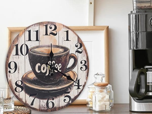 Horizent Kitchen Wall Clock,Vintage Glass Coffee Sign Decor Wall Clocks Battery Operated-8 Inch