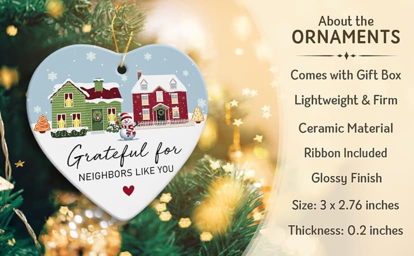 Neighbor Gifts Christmas Ornaments 2025 - Birthday Gifts for Neighbors, Friends, Women, Men, The Neighbors Favor, Christmas Tree Decorations Heart-Shaped Ceramic Ornament
