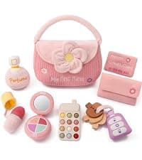 Teether Phone, Wooden Keys & Car Key, Soft Baby Purse with Mirror & Crinkle Card, Sensory Pretend Play, 1 Year Old Girl Gifts let's make My First Baby Purse, 10 Pcs Sensory Toy for Baby & Toddler Girls B0H151K19V