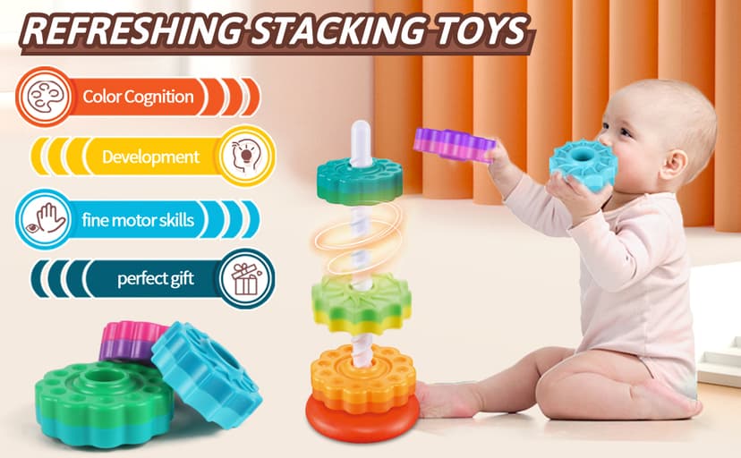 Baby Spinning Stacking Toys for Toddlers 1-3, Rainbow Ring Stacker Montessori Toys for Babies 6-12 Months, 1 2 3 One Year Old Girl Boy Christmas Birthday Gifts, Autism Sensory Learning Toy