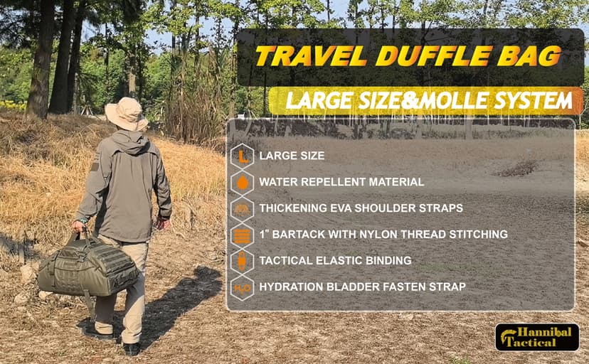 Hannibal Tactical 65L Large Duffle Bag, 3-in-1 Tactical Backpack MOLLE Pack for Sports, Gym, Outdoor, Olive Green