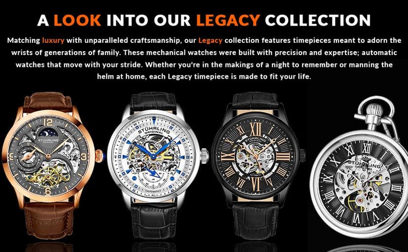 Stuhrling Original Mens Automatic Skeleton Watch - Black Leather Strap, Mechanical Silver Executive Watch