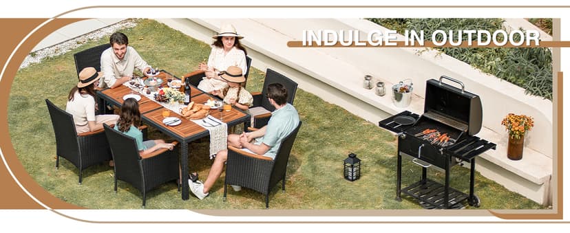 Devoko Dining 7 PCS Furniture, Patio Conversation Set with Acacia Wood Table Top, Outdoor, Beige Cushion and Black Rattan