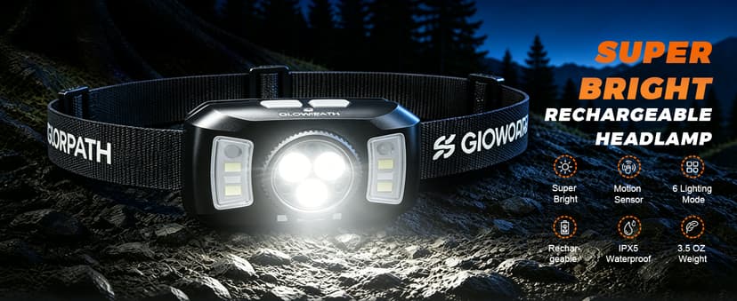 Upgraded Headlamp Rechargeable, Ultra Bright Headlight Flashlight with White Red Light, Motion Sensor Head Lights for Forehead, 6 Modes Head Lamp for Outdoor Camping Running Waterproof (2, Black)