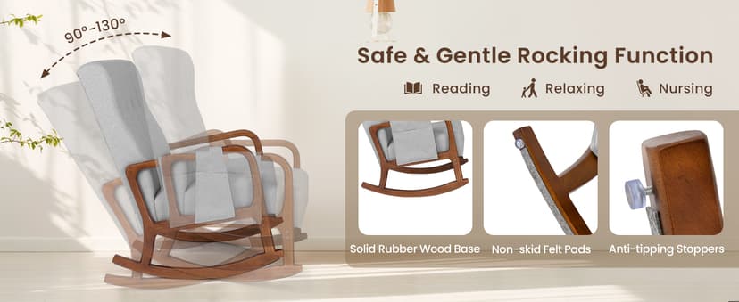 Giantex Rocking Chair with Ottoman, Upholstered Rocker Chair w/Solid Rubber Wood Frame, Side Pocket, Linen Nursery Chair w/Footrest, Tufted Glider Chair for Living Room, Bedroom, Grey