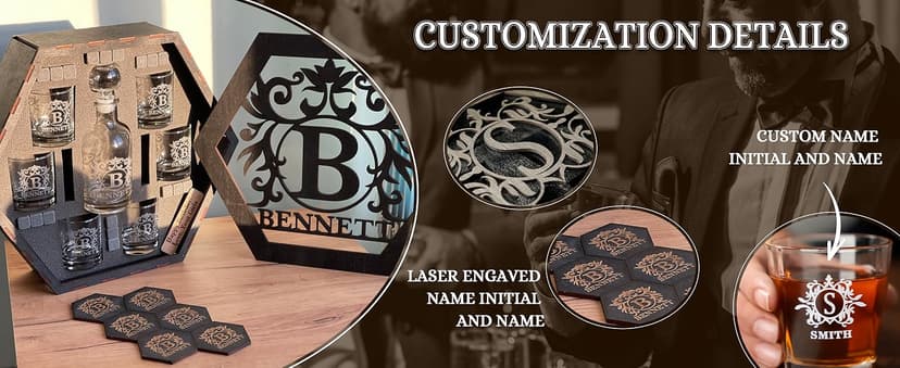 Personalized Whiskey Decanter Set for Men Home Bar Custom Liquor Decanters Wooden Box Whiskey Glasses Set Gifts for Husband Dad Men Cave Christmas Birthday Anniversary Valentine‘s Day