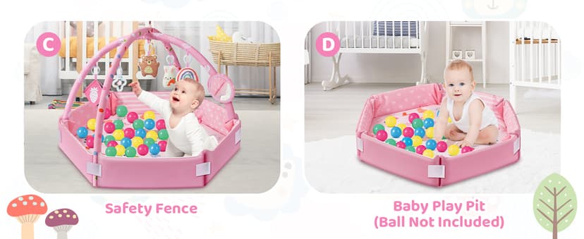 Baby Gym Play Mat, 8-in-1 Tummy Time Mat & Ball Pit with 6 Toys, Washable Baby Activity Mat for Visual, Hearing, Sensory, Motor Development, Babies Gift for Newborn Infant 0-3-6-9-12 Months (Pink)