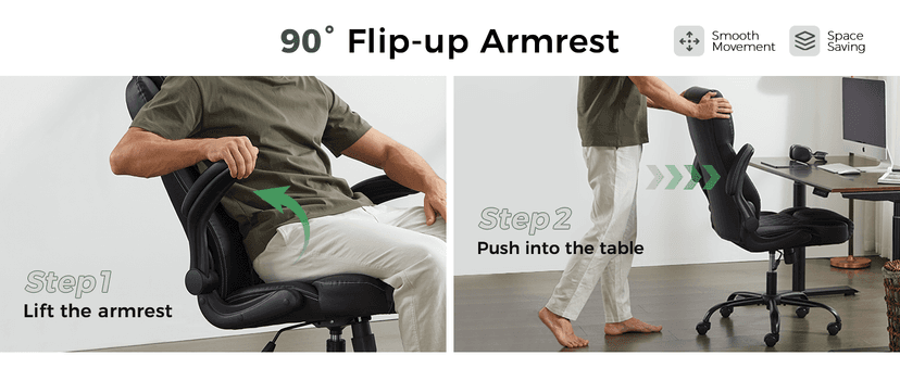 amseatec Office Chair, Executive PU Leather Chair, Ergonomic Computer Desk Chair with Lumbar Support and Adjustable Flip-Up Arms, Rocking Task Chair (Brow