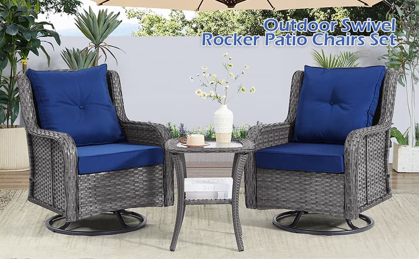 Wumiokio Patio Furniture Sets, 3 Pieces Wicker Outdoor Furniture - 360 Degree Swivel Rocking Chairs and Rattan Side Table for Garden,Porch,Backyard (Grey Wicker/Blue Cushion, 3PCS - Swivel Chairs)