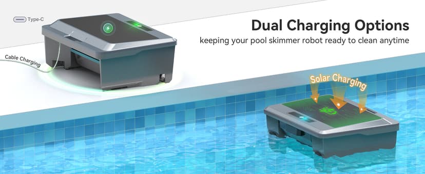 2026 Upgraded F1T Solar Powered Robotic Pool Skimmer Surface Cleaner with APP Support Dual Charging Options Smart Obstacle Avoidance 24/7 Continuous Cleaning Ideal for Above Ground Pool Gray