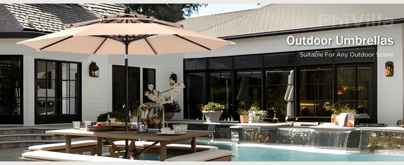 PHI VILLA 5 Pieces Outdoor Dining Set for 4 with Umbrella, 42" Large Round Metal Steel Table & Stackable Iron Chairs with Cushions & 10ft Beige Umbrella, Modern Furniture for Patio, Deck, Yard, Porch
