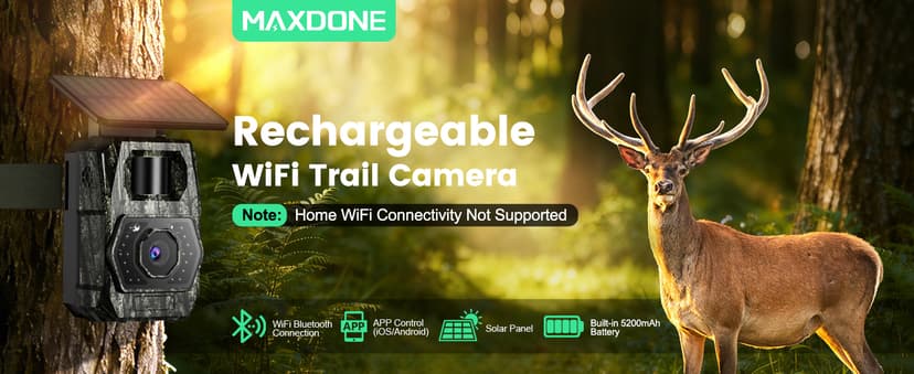 MAXDONE Solar Trail Camera WiFi Bluetooth - 48MP 30fps Game Camera with 5200mAh Rechargeable Battery, 0.1s Trigger Speed Motion Activated Trail Cam IP66 with 32GB TF Card for Wildlife Monitoring
