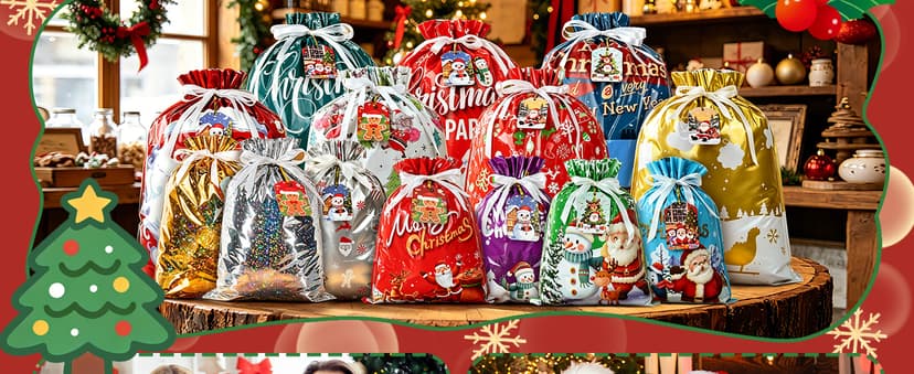 14 Styles Colorful Xmas gifts Bags with 20 Cards for Gifts Holiday Present Wrapping Xmas Decor 20 Pcs Christmas Drawstring Gift Bags, Assorted Sizes with More Large Bag. B0H7MP6FX5