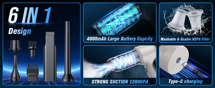 IHE Car Vacuum Cleaner, 15000Pa Handheld Cordless Rechargeable Wet & Dry Vacuum, 120W High Power for Car, Pet, Home, Office Cleaning, Washable HEPA Filter, Multi-Nozzles