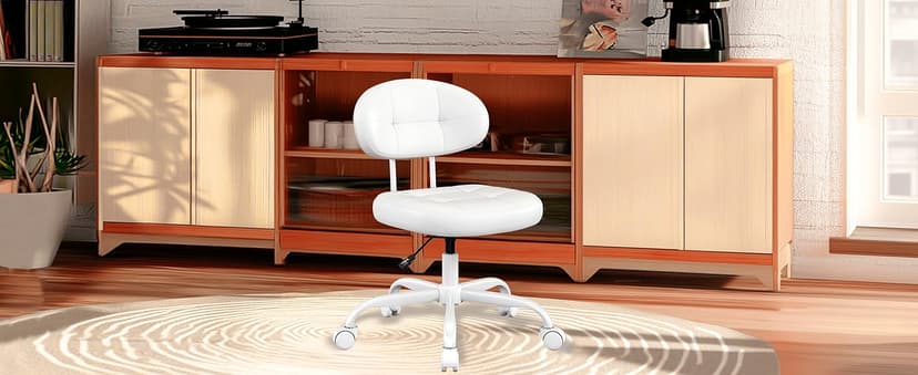 Misolant Vanity Chair with Back, Small Armless Cute office Chair with wheels and Lumbar support, Comfy PU Leather Desk Computer Chairs with Adjustable Height, 360°Swivel for Home Bedroom Office, White