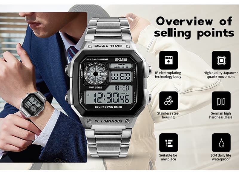 FANMIS Men's Luxury Digital Quartz Waterproof Wrist Watches Dual Time Countdown Alarm Stopwatch Backlight Multi-Function Watch