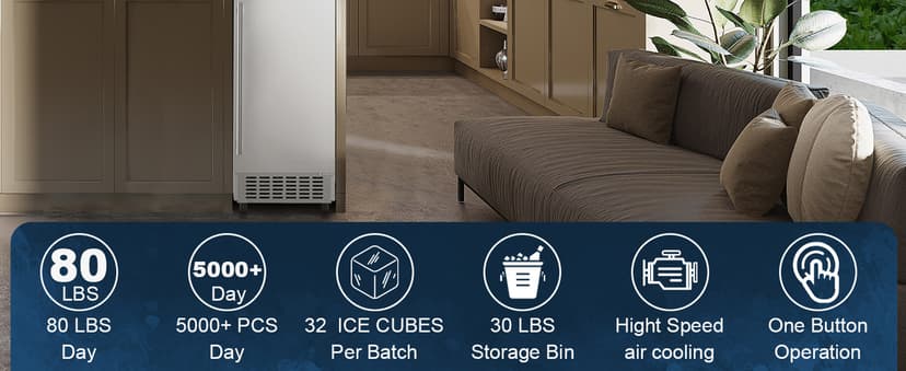 Coolski Under Counter Ice Maker Machine, Stainless Steel Built-in Freestanding Ice Maker for Commercial & Home Use, 80 Lbs/Day, 30 Lbs Storage, Self Cleaning, Thicknesses Adjustable