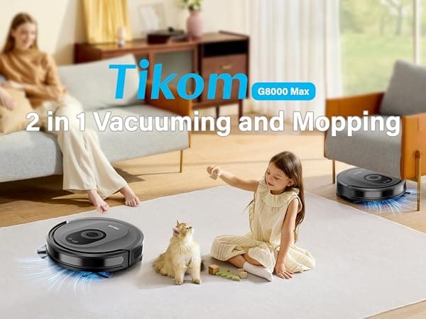 Tikom Robot Vacuum and Mop Combo, 5000Pa Robotic Vacuum Cleaner, 150 Min Max, App & Remote Control, Ideal for Hard Floor, Carpet, Pet Hair, Self-Charge(G8000 Max)