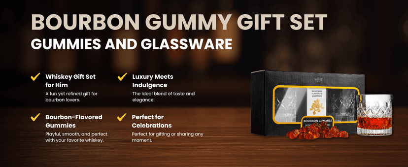 Bourbon Gummy Gift Set with 2 Whiskey Glasses – Bourbon-Flavored Candy Bears & Crystal Lowball Glasses – Father’s Day Gift for Whiskey & Scotch Lovers, Dad, Husband, or Him – Tasting Set