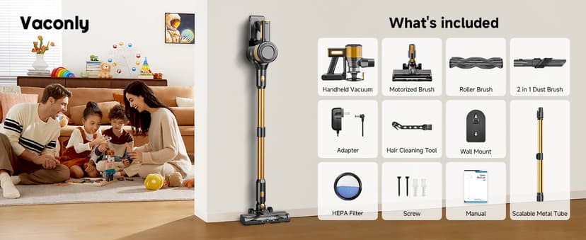 Cordless Vacuum Cleaner, 8 in 1 40Kpa 55Mins,Lightweight Vacuum Cleaners for Home, Stick Vacuum with Anti-Tangle Brush,Wall Mount, Rechargeable Cordless Vacuum for Floor/Sofa/Pet Hair,Gold