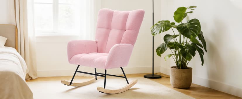 DUMOS Nursery Rocking Chair Teddy Upholstered, Comfy Glider Rocker with High Backrest Armchair Padded Seat, Accent Side Chair for Living Room Bedroom Offices Small Spaces Indoor, Pink