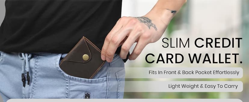 TheAntiq Brown Leather Card Holder Minimalist Wallet Handmade - Slim Credit Card Case with Button Closure - Compact Leather Card Case Holds Up to 4 Cards - Front Pocket Wallet for Men & Women