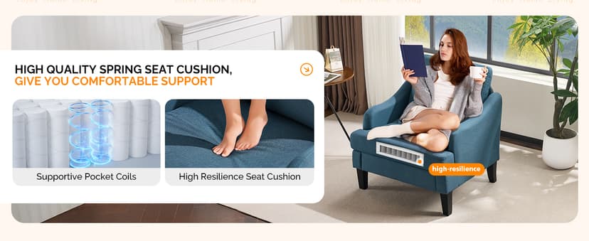VINGLI Linen Fabric Accent Chair Navy Blue, Modern Upholstered Armchair, Comfy Sofa Chair Living Room Bedroom Furniture for Apartment