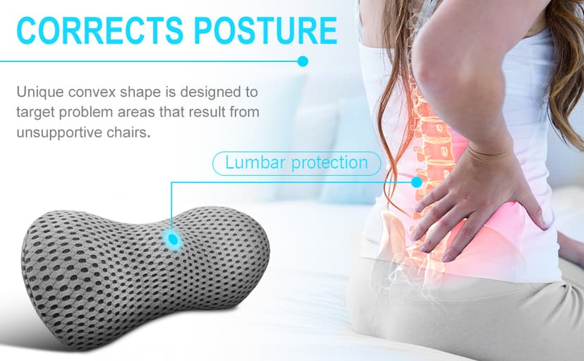 Lumbar Support Pillow for Office Chair, Memory Foam Lumbar Pillow for Lower Back Pain Relief (Grey)