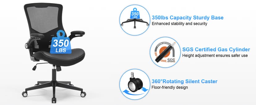 Office Chair, Ergonomic Desk Chair with Adjustable Lumbar Support, Breathable Mesh Computer Chair with Flip-up Armrests, 350lbs Comfy Swivel Task Chairs for Home Office, Black