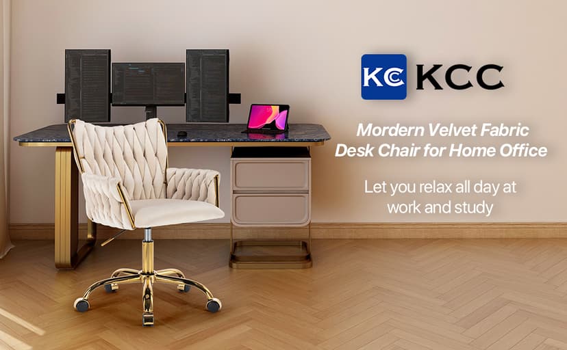 KCC Modern Velvet Home Office Desk Chair with Hand Woven Backrest, Upholstered Adjustable Makeup Vanity Chair with Armrest and Golden Metal Base with Wheels for Living Room Bedroom Study(Beige)