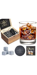 40th Birthday Gifts for Men Whiskey Glass Set - 40th Birthday Decorations, Party Supplies - 40 Year Anniversary, Bday Gifts Ideas for Him, Dad, Husband, Friends - Wood Box & Whiskey Stones & Coaster