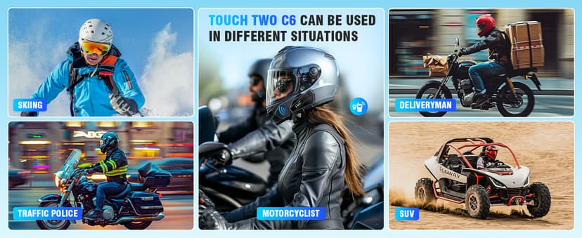 Motorcycle Helmet Bluetooth Headset, C6 Helmet Speakers with 2 Type Mics, Intercom/Hands-Free Call/Music/Waterproof/Noise Cancellation/Wake Up Siri, Suitable for Motorcycles, Skiing, and Cycling