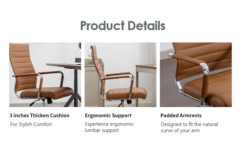 Office Desk Chair Leather, Conference Room Chairs with Wheels, Executive Modern High Back Ergonomic Swivel Rolling Ribbed Computer Chair(Brown)