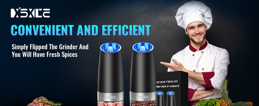 XinXu Gravity Electric Pepper and Salt Grinder Set, Adjustable Coarseness, Battery Powered with LED Light, One Hand Automatic Operation, 2 Pack/Black